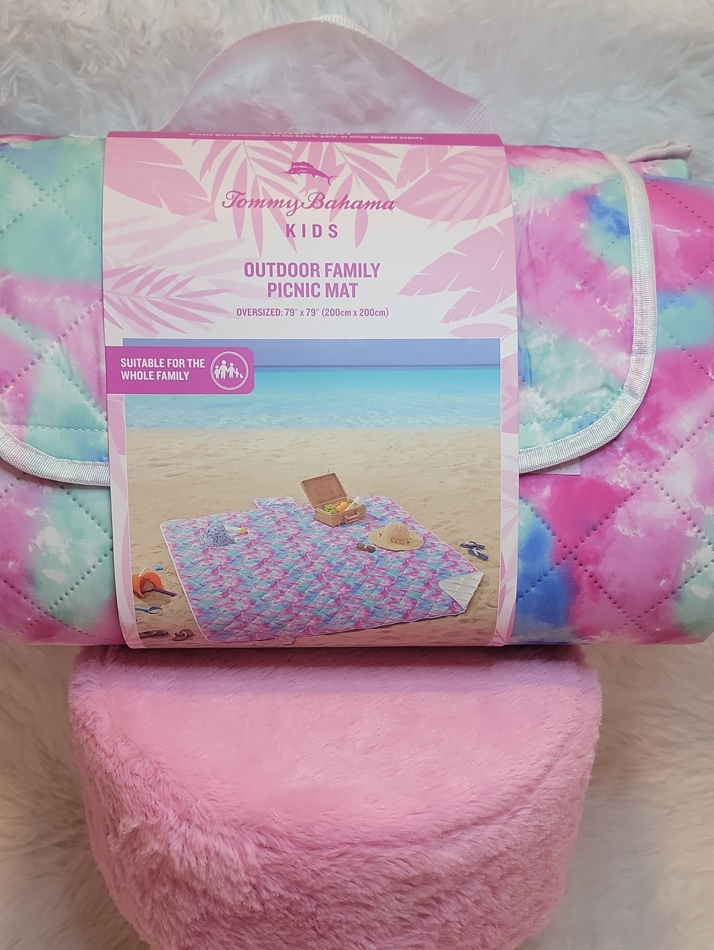 Tommy Bahama Kids Outdoor Family Picnic Mat. 79"x79". Tie-dye Pink & Blue